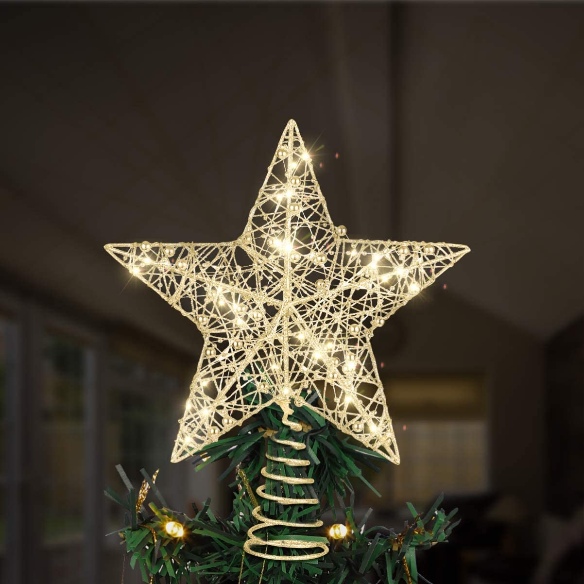 Gold Star Tree Topper, Rustproof Wire Christmas Tree Topper Star 9.84 X 7.87 X 2.36 Inch Decorative Lighted Treetop for Holiday Party and Home Decor