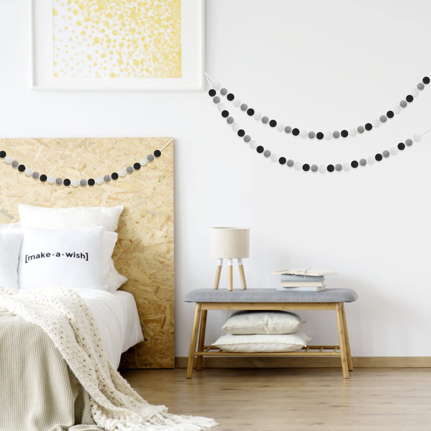 GCQQ 2 Packs Pom Pom Ball Garlands 16.4 Ft Pompom Garland Black White Grey Halloween 60 Felt Balls Garlands for Nursery, Christmas, Classroom, Bedroom, Photo Prop Decor