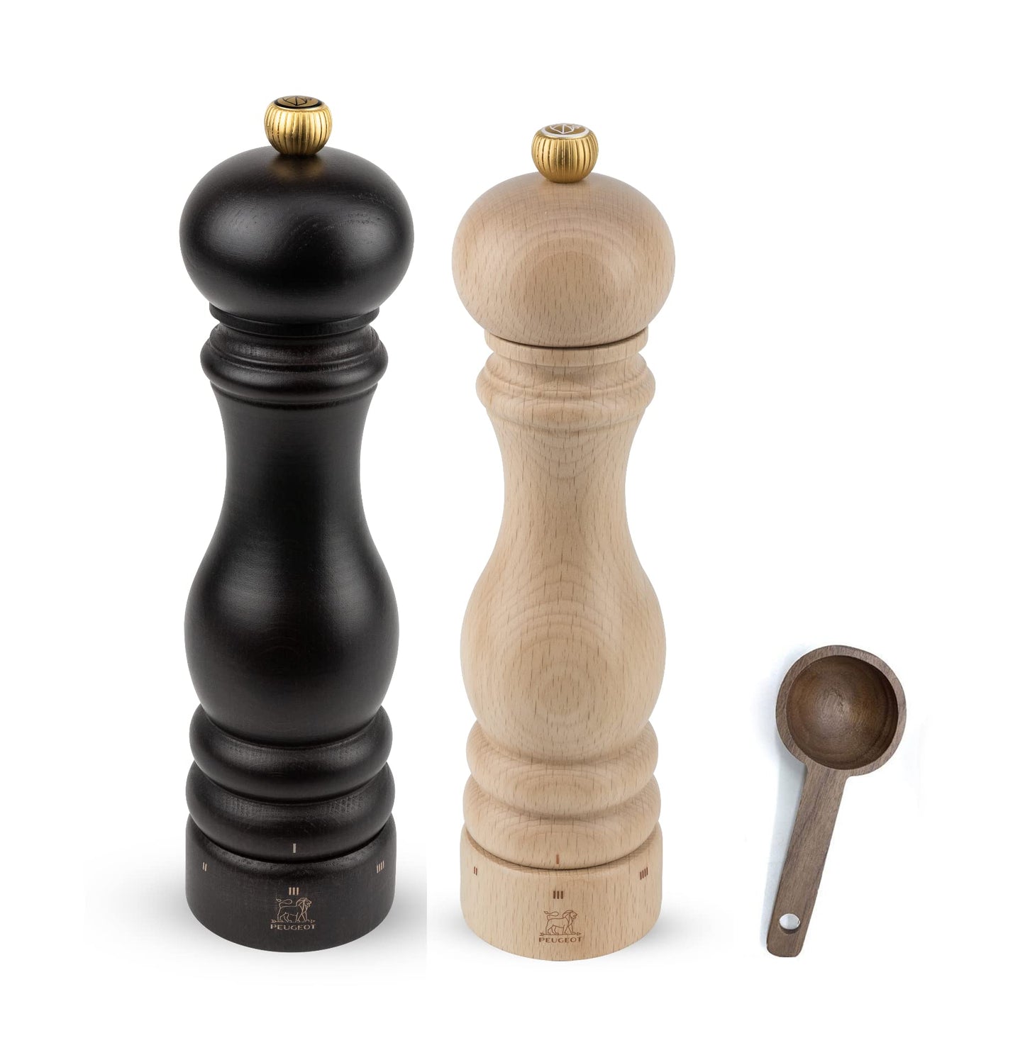 Peugeot Paris u'Select 6 Setting Manual beechwood Zirlion Salt & Pepper Mill Set With Wooden Spice Scoop Made In France (Chocolate & Natural, 9- Inch)