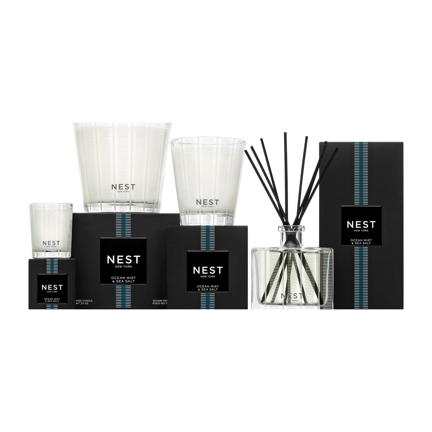 NEST New York Scented Classic Candle Duo, Ocean Mist & Sea Salt - 8.1 oz, Pack of 2 - Up to 60-Hour Burn Time Each - Reusable Glass Vessel