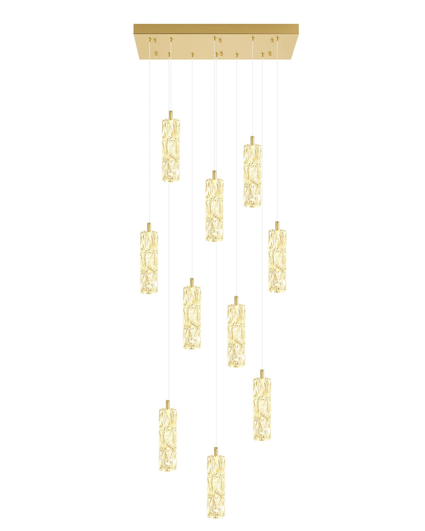 ykolupty Modern Crystal Chandelier 10-Lights Rectangle Pendant Light LED Dimmable Gold Linear Chandelier Flush Mount Crystal Pendant Light for Living Room Dining Room Foyer