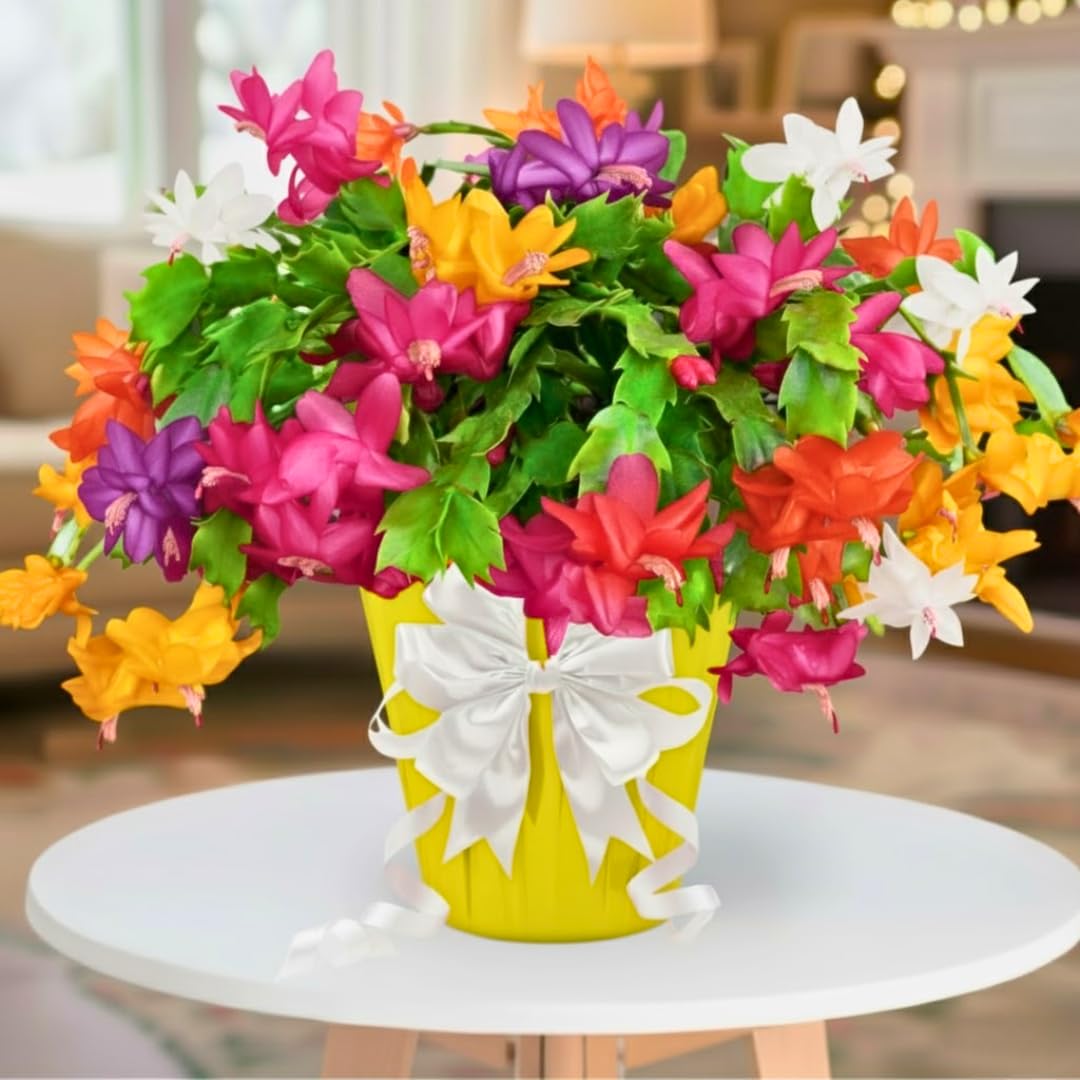 1 Thanksgiving Christmas Cactus Plants Live in 4" Pot, Houseplant Holiday Cactus, Vibrant Single Color Blooms Indoor Outdoor, Zygocactus Like, Winter Hardy (Random)