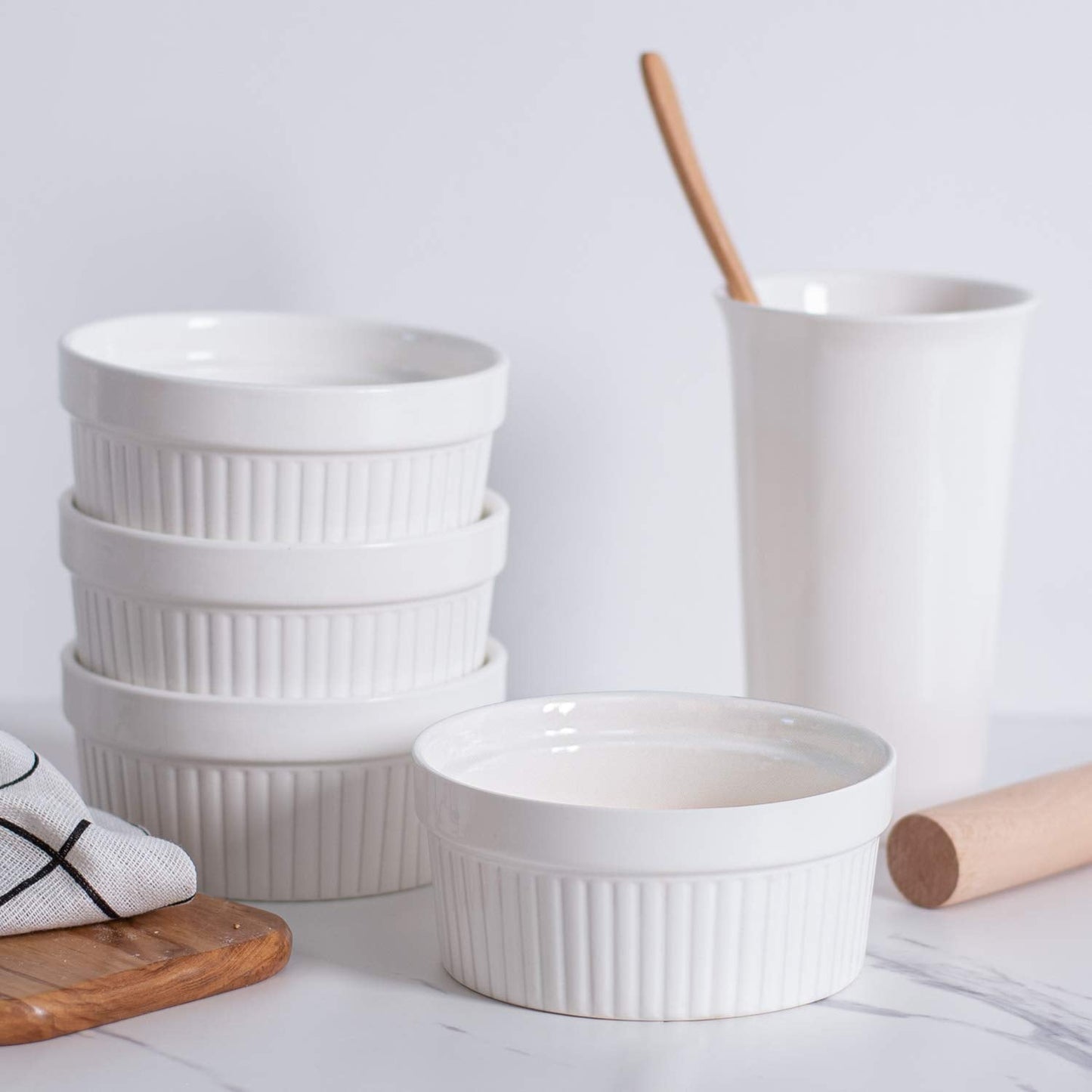 DELLING Ramekins 12 Oz Oven Safe Set of 6, Porcelain Souffle Dish for Baking - Creme Brulee Bowls for French Onion Soup Lava Cake Pudding, Stackable, White