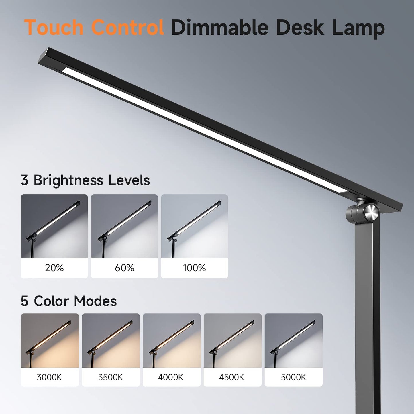 One Fire LED Desk Lamp,15 Modes Desk Light,500 Lumen Dimmable Desk Lamps, Adjustable Office Black Desk Lamps for Study Lamp, for Bedside Table