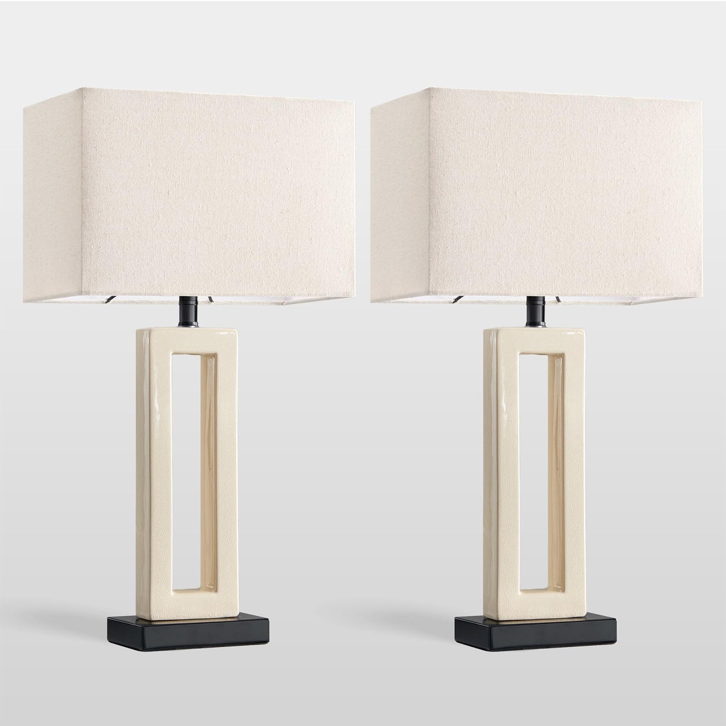 Vortether 22" Modern Ceramic Table Lamps Set of 2, Cream Crackle Glaze Hollow Bedside Lamps with Linen Shade, 5ft Cord Rotary Switch E26 Base Nightstand Lamps for Bedroom Living Room Entryway Decor