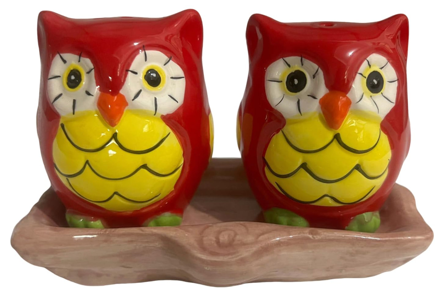 Owls Ceramic Salt and Pepper Shaker Set with Tray - Red