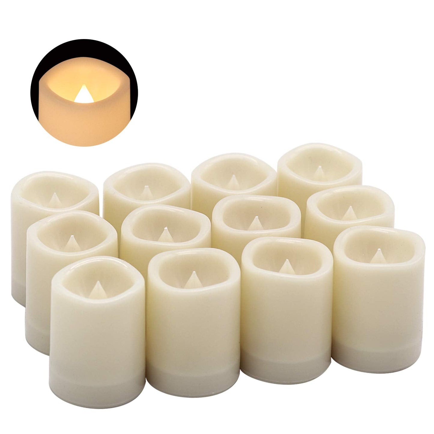 DRomance Outdoor Waterproof Flameless Votive Candles with Timer, Battery Operated LED Tealight Flickering Candles Warm Light Set of 12 Wedding Party Decor Plastic Candle(1.5 x 2 Inches)