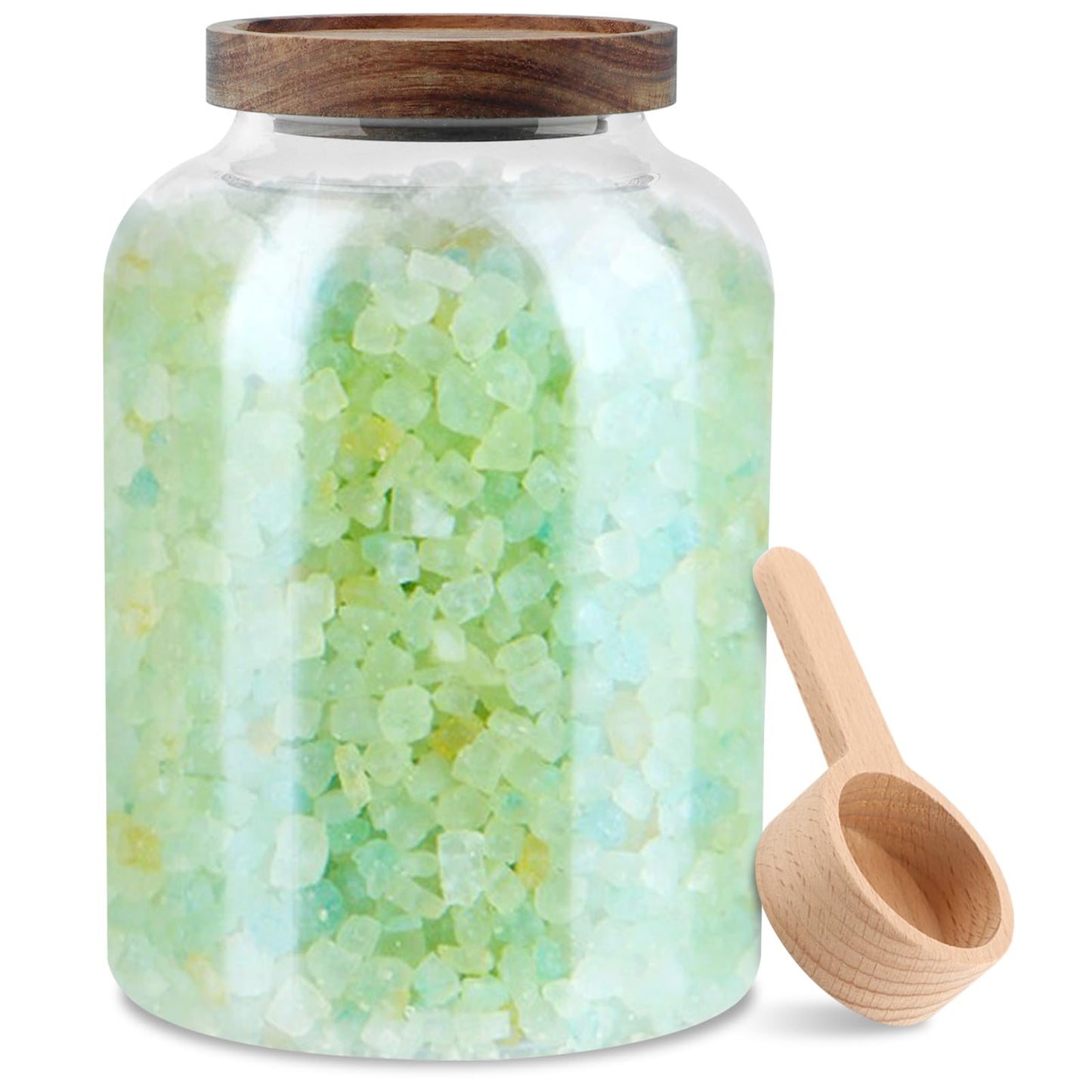 Saycker Bath Salts Glass Jar, Bath Salt Container with Wooden Lid and Scoop, Airtight Storage Jar, Glass Food Storage Jars for Home Decor,Tea,Spice,Cereal, Egg,Flour,Coffee(73 oz,Clear)