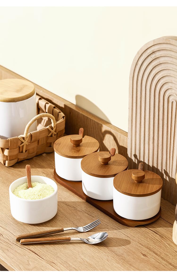 WINRIOO Ceramic Condiment Container with Lids and Spoons,Spice Jars Set of 3 for Sugar Salt Pepper Spice Pots Bowl,with Wooden Tray for Serving, Counter, Home, Kitchen