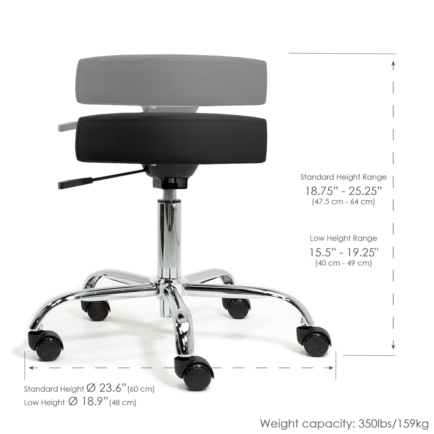EarthLite Pneumatic Rolling Stool, Std Height, 19” - 25", Black