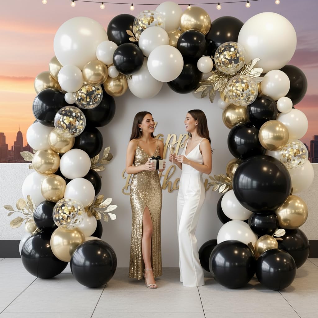 PTGOLUO Black and Gold Balloon Arch Garland Kit 150pcs 2026 New Year's, Double Stuffed Pearl Sand White Black Chrome Gold Balloons Arch Kit for Graduation Father's Day Birthday Party Decoration