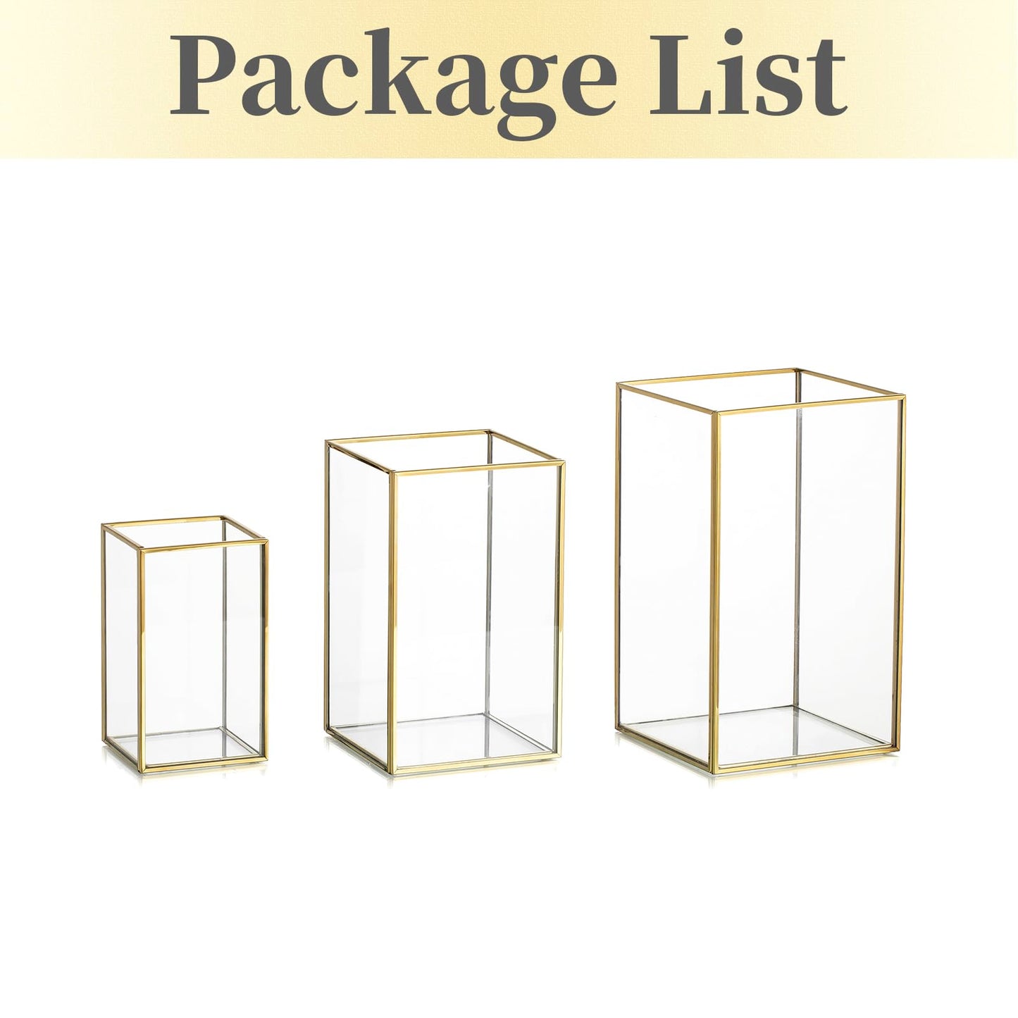 Glass Hurricane Candle Holder Large - Hewory 3pcs Gold Rectangle Flower Holders Centerpiece for Table, Tall Floor Square Pillar Candle Lantern for Wedding, Anniversary, Party, Fireplace, Dining Room