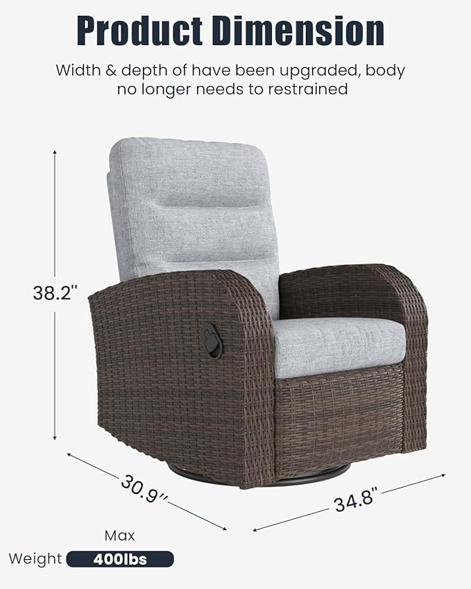 Outdoor Swivel Recliner Chair Set of 2, All-Weather Wicker Reclining Patio Chair with Adjustable Backrest and Footrest