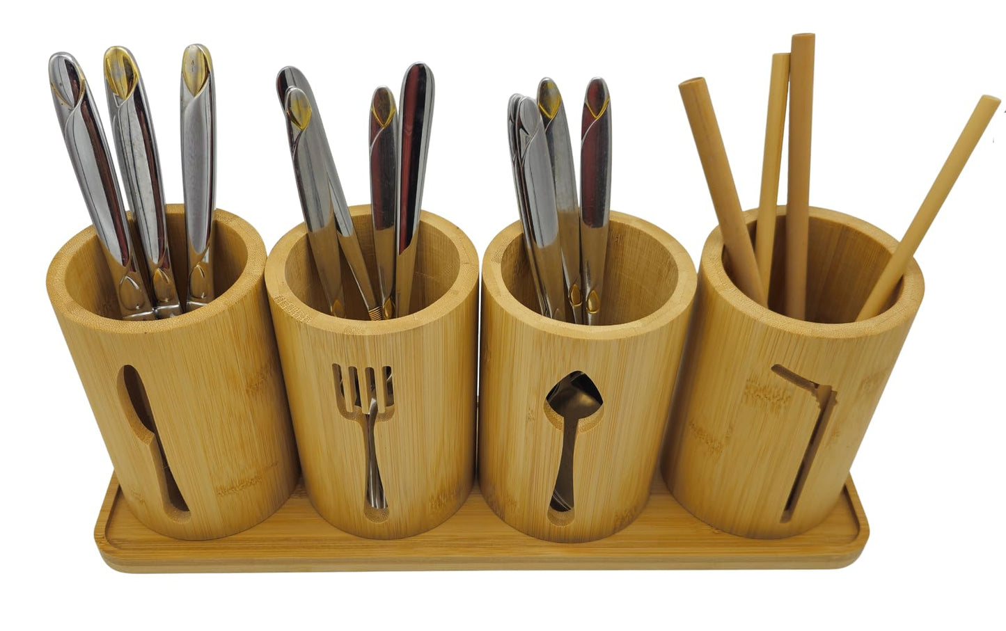 AYAMAX Bamboo Cutlery Holder Set - 4 kitchen Utensils Holder with Bamboo Tray | Decorative kitchen countertop Cutlery Stand | Utensil holder - knife, fork Spoon and Straw holders