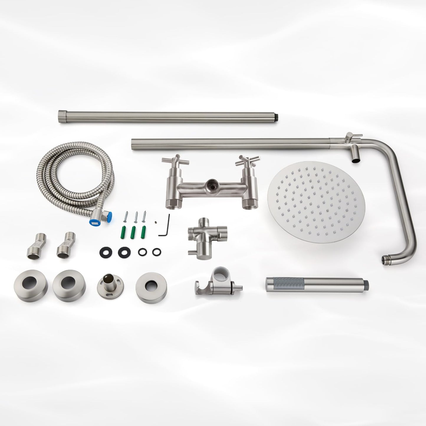 gotonovo Outdoor Shower Fixtures SUS304 Stainless Steel Rain Shower Kit Faucet High Pressure Wall Mount 2 Dual Function 8 Inch Showerhead and Handheld Spray Combo, Double Cross Handle, Brushed Nickel