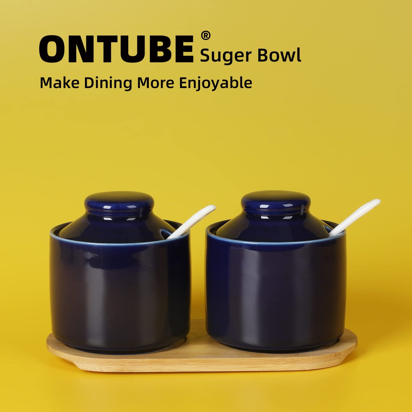 ONTUBE Ceramic Sugar Bowl with Tray and Spoon Set of 2, 8oz (Navy)