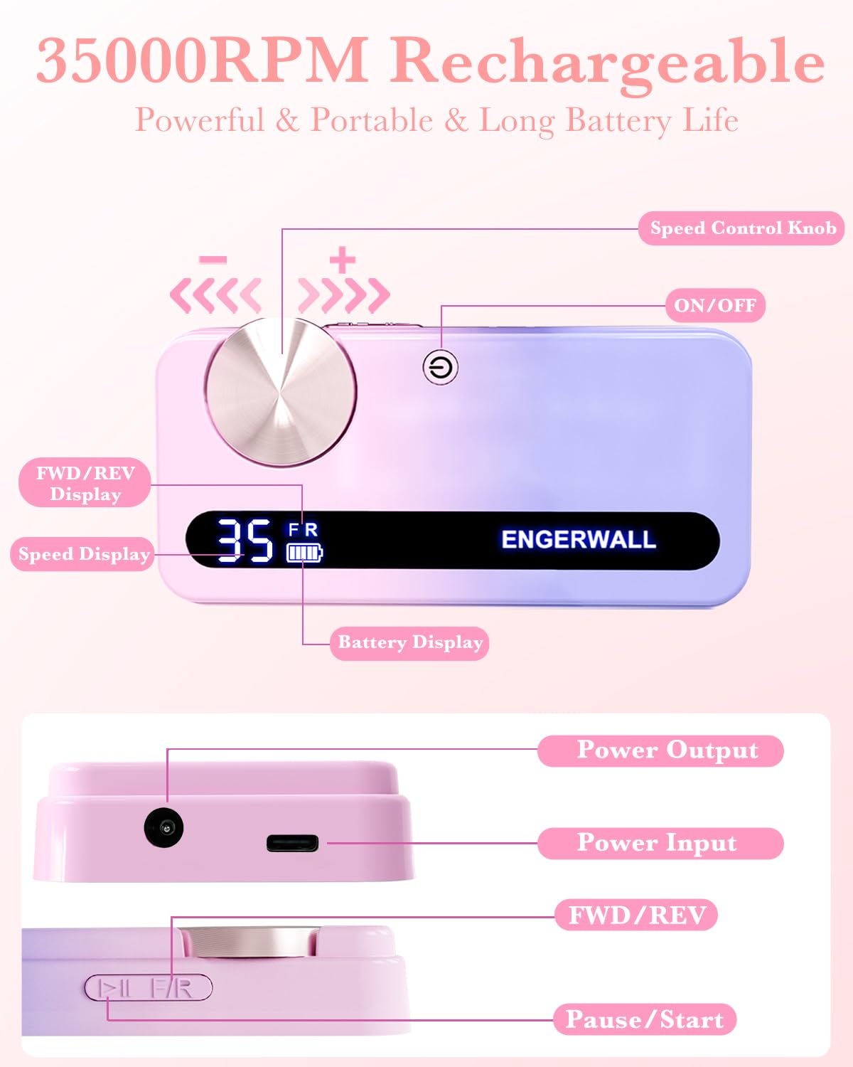 ENGERWALL Rechargeable Nail Drill 35,000 RPM, Portable Cordless Electric Nail File for Acrylic, Gel Nails, Polishing & Removal, with Nail Drill Bits Kit for Manicure & Pedicure, Pink-Blue
