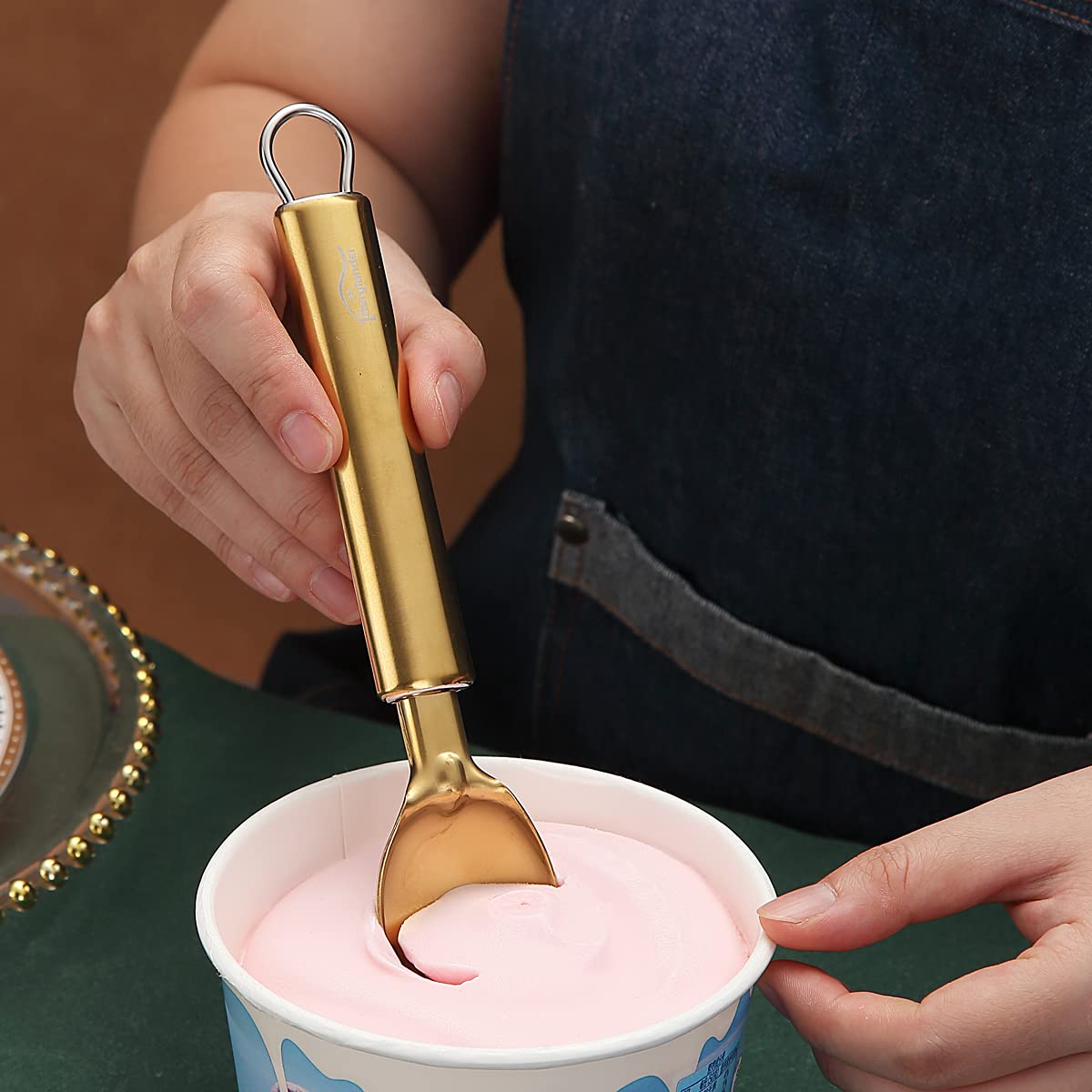 Gold Ice Cream Scoop, Berglander Stainless Steel Cookie Scoop Melon Baller Scooper Cones With Titanium Gold Plating, Specialty Tools and Gadgets, Ice Cream Spoon Food Scoop Dishwasher Safe