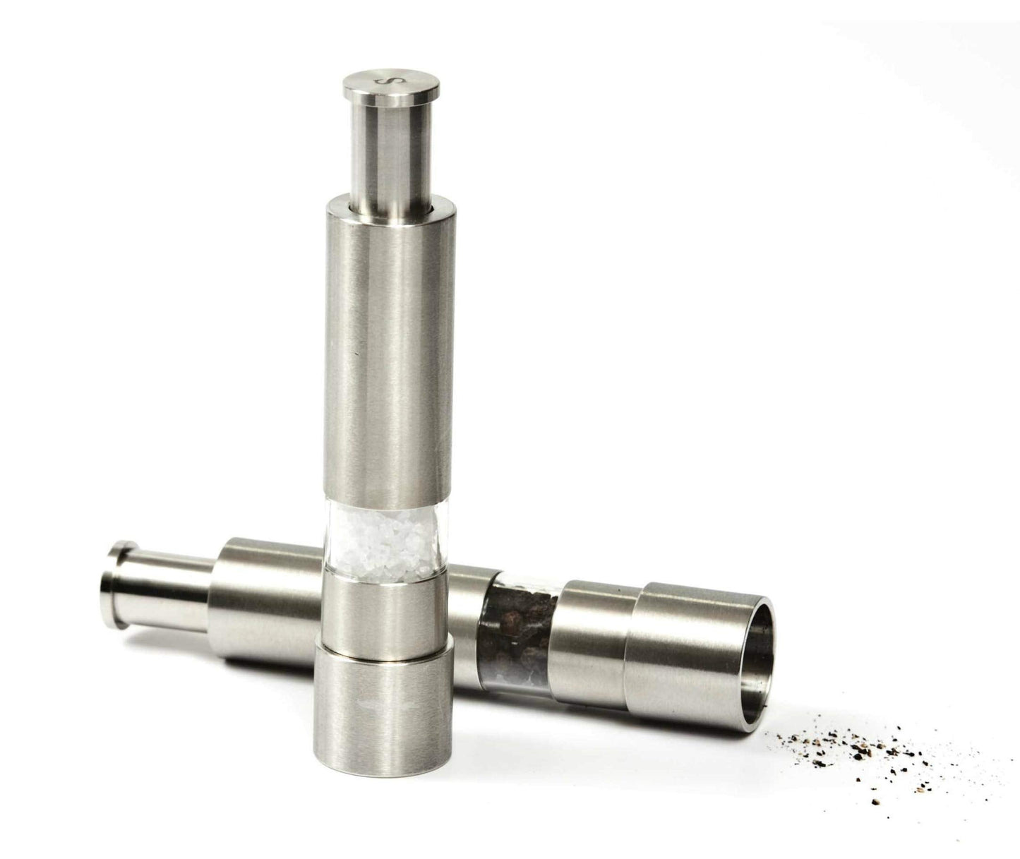 Grind Gourmet Salt and Pepper Grinder Set, Original Pump & Grind Peppermill are Refillable, Modern Thumb Press Grinder, Works With Black Pepper, Sea Salt, Himalayan Salts, Stand Included