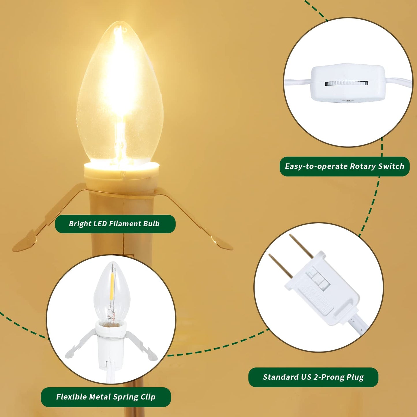 Set of 4 Accessory Light Cord with Single LED Bulb, 6FT Blow Mold Replacement Light Kit, C7 Clip Lights with One Bulb On/Off Switch & 2-Prong Plug for Christmas Village House, Pumpkin, Craft Projects
