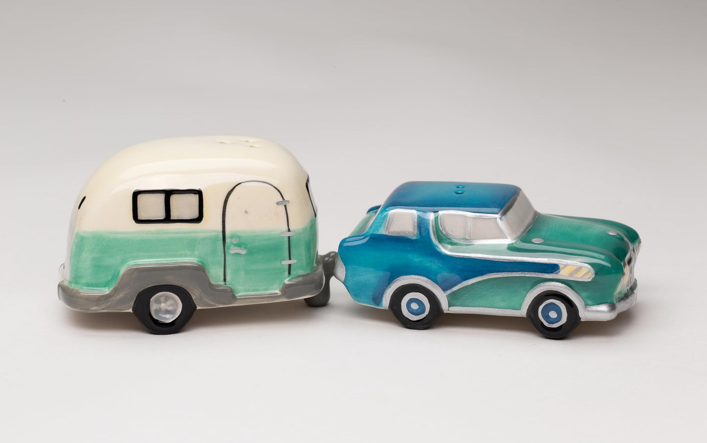 Fine Ceramic Happy Camper Car with Camping Trailer Salt and Pepper Shakers Set