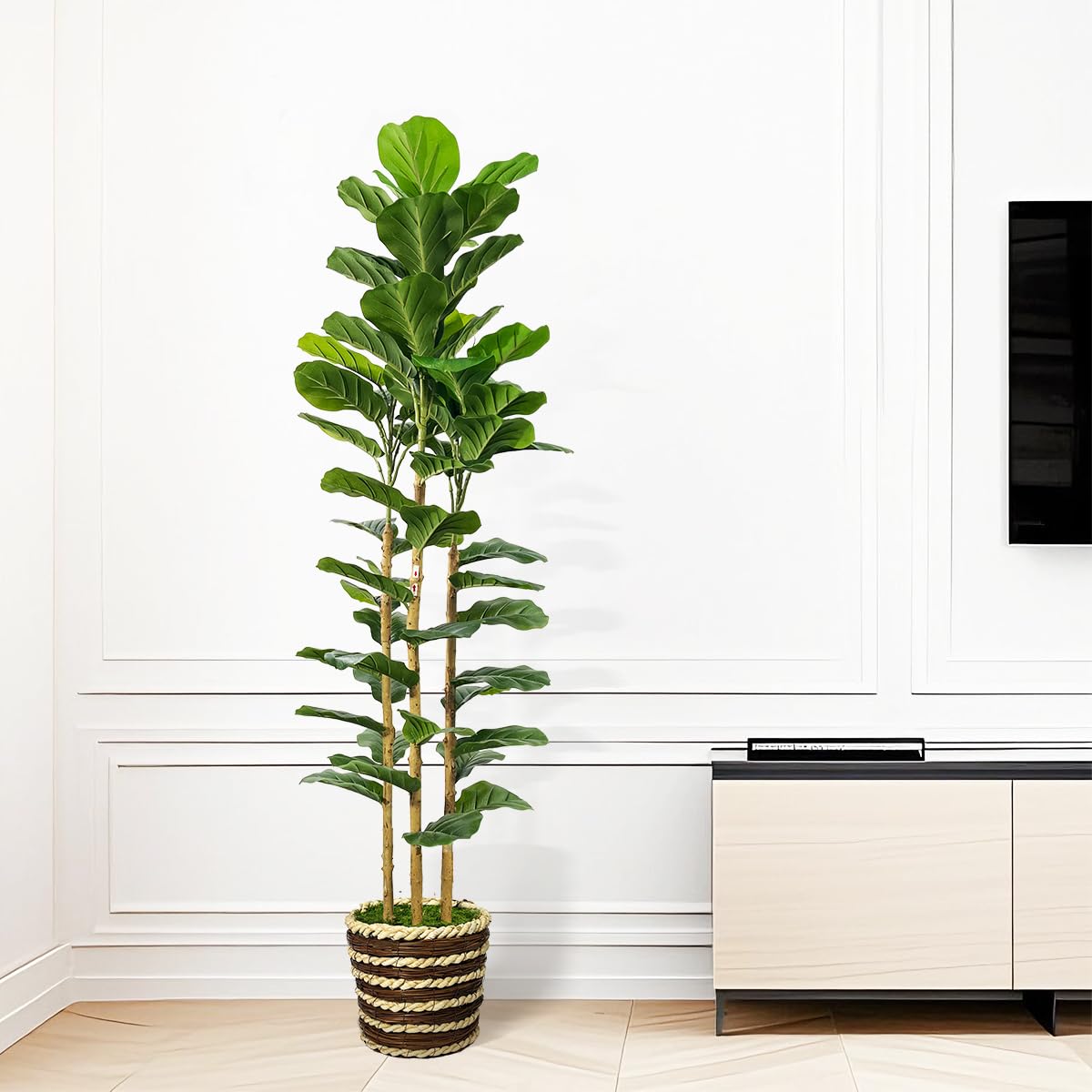 Artificial Fiddle Leaf Fig Tree Indoor with Woven Basket - 5ft Tall Fake Tree with Real-Wood Trunk,Faux Plants for Living Rooms, Offices, Kitchens & Outdoor Spaces (Round Basket)