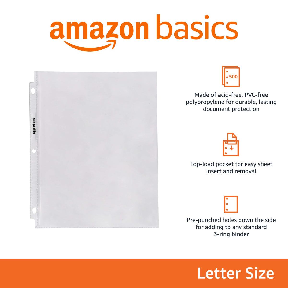 Amazon Basics Sheet Protectors for 3 Ring Binder, Heavyweight, Acid-Free, Top Loading, Polypropylene, 8.5 x 11 Inch, 500-Pack, Clear