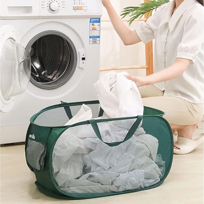 4Pcs Beige Canvas Laundry Hamper, Foldable Pop-up Mesh Basket, Large Capacity