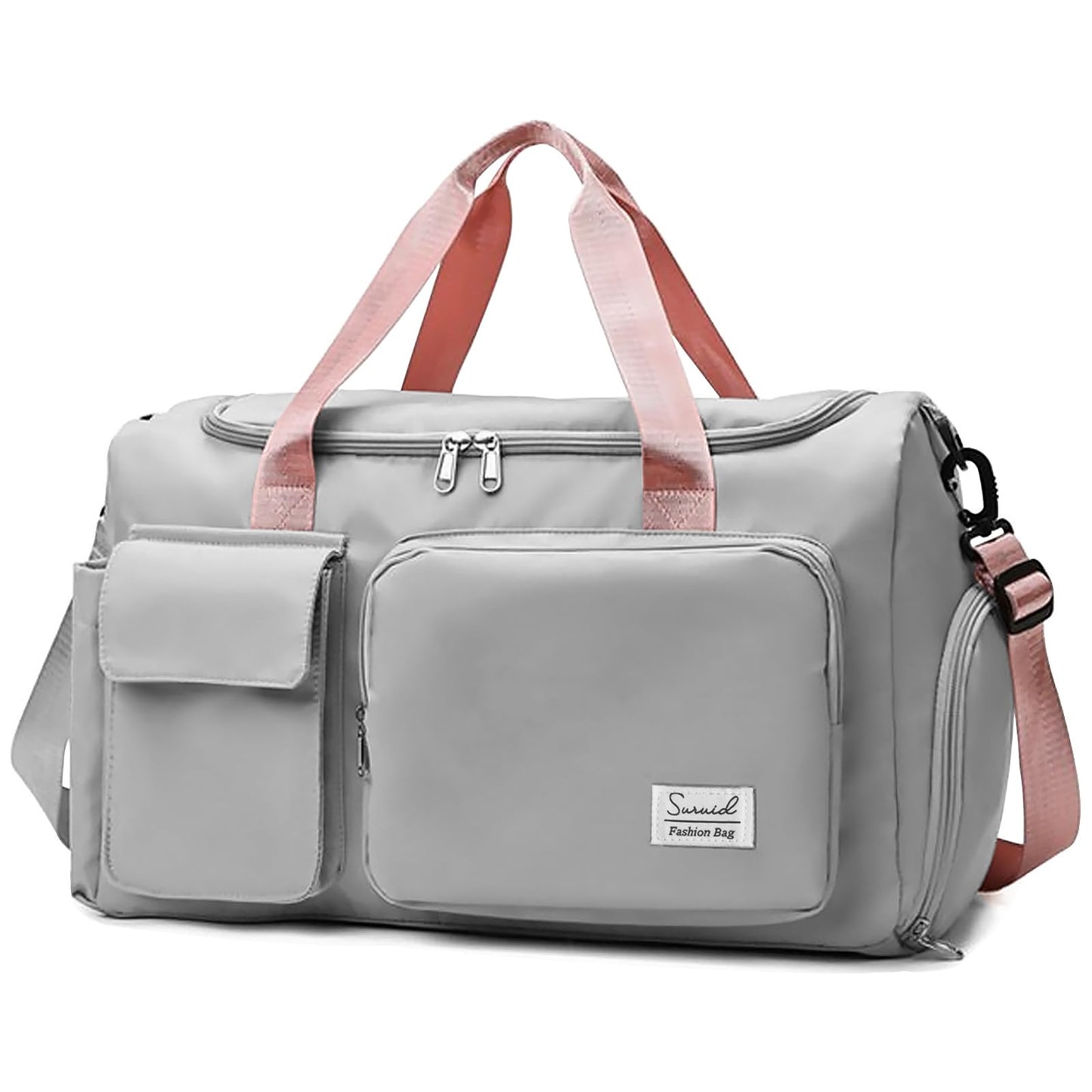 Suruid Travel Duffel Bag with Shoes Compartment Sports Gym Bag with Dry Wet Separated Pocket for Men and Women, Overnight Bag Weekender Bag Training Handbag Yoga Bag - Gray Pink