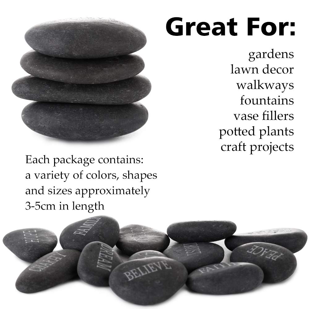 12PCS DIY Rocks for Engraved Inspirational Polished Garden Stones, Natural Encouragement Personalized Healing Decor River Stone - Unique Gift for Friends Arts Crafts (12 Different Words) (Black)