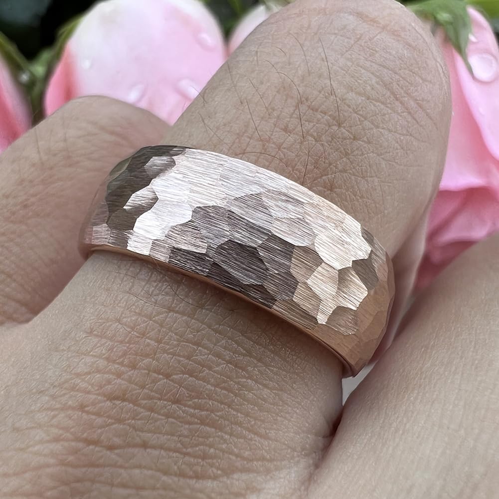 TUTISS 8mm Rose Gold Hammered Tungsten Rings for Men Women Engagement Wedding Bands Domed Matte Finish Comfort Fit Size 14