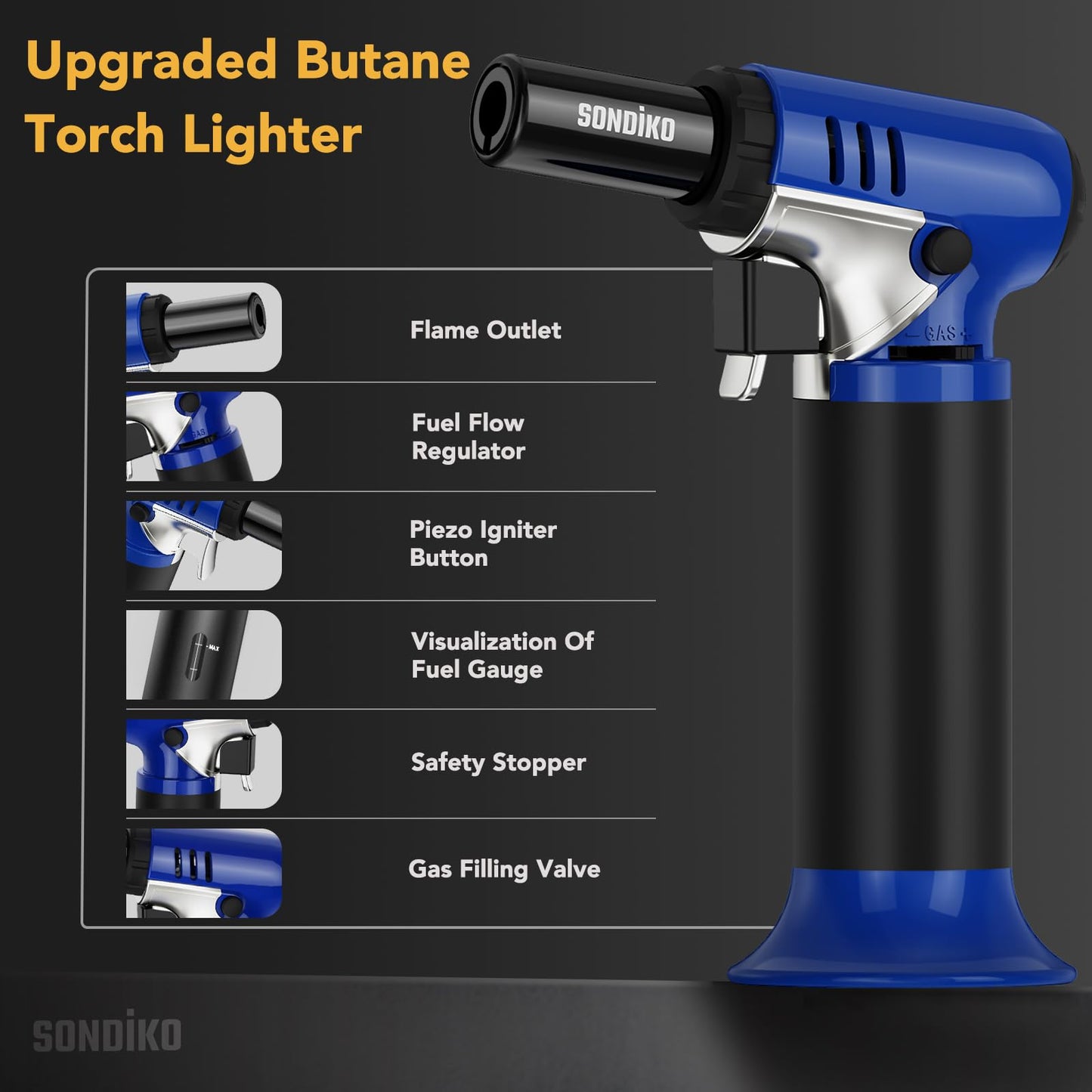 Sondiko Butane Torch with Fuel Gauge S907, Refillable Soldering Torch Lighter with Adjustable Flame for Welding, Industrial, Resin Art(Butane Gas Not Included)