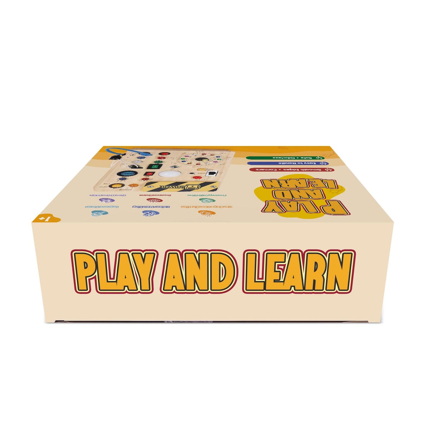 Iabedi Busy Board, Montessori Toy for 1-3 Years Old, Wooden Toddler Sensory Travel Toy, Ideal Gift for 1+ Year Old Boys (Busy Board Plus V2), Medium, Yellow