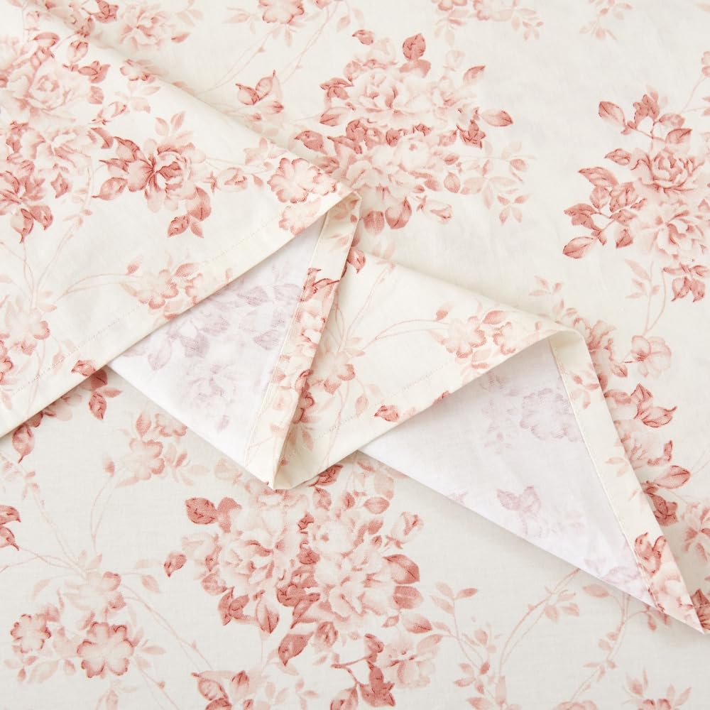 DAUAOTO 100% Cotton Bedding Printed Sheets Set for Queen Size Bed Up to 14" Deep Mattress, Toile Rose Floral Pattern Bedlinen Sets,Pale Red