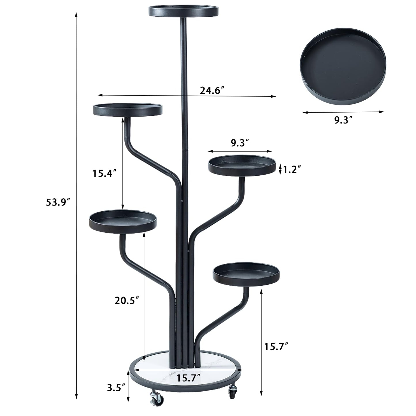 CHPHI 5 Tier Indoor Plant Stand Wrought Iron, Tall Metal Plant Stand with Wheels, Metal Rolling Plant Shelf with 5 Trays, Multi-tier Rolling Display Stand for Home and Office(Black)