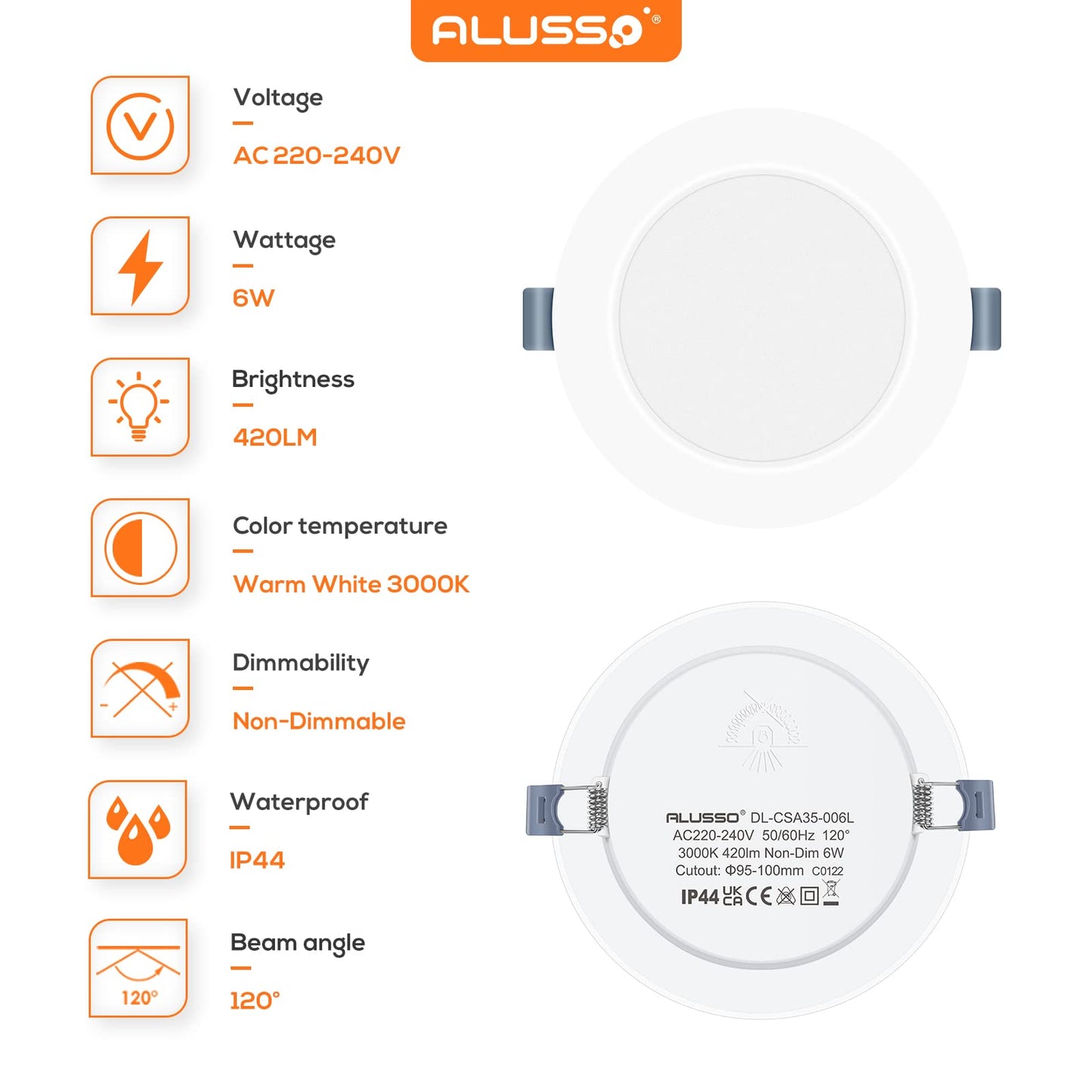 ALUSSO LED Downlights for Ceiling 6W Ultra Slim LED Recessed Ceiling Spot Lights 3000K Warm White IP44 Waterproof Spotlights Ceiling Lights for Bathroom Kitchen Living Room, 6 Pack