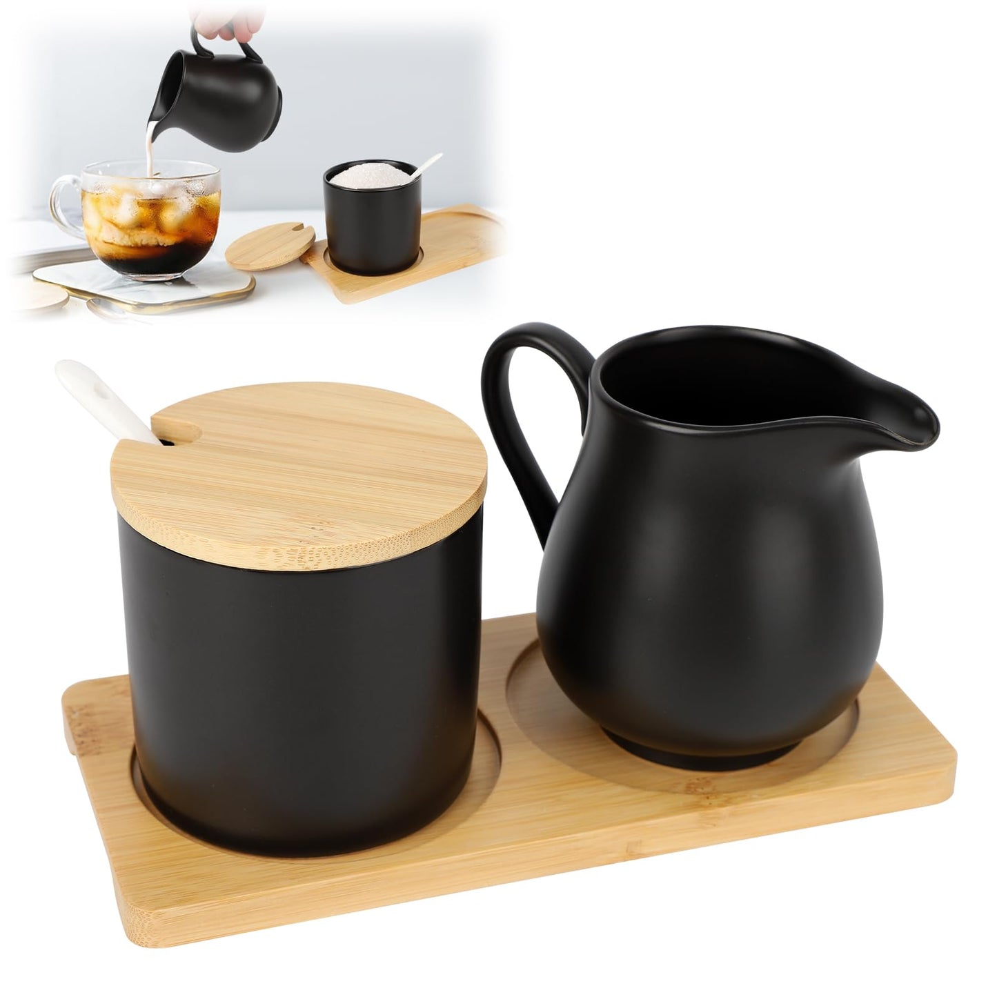 Ceramic Sugar and Cream Serving Set with Lid and Spoon, Coffee Serving Set Coffee Bar Accessories 9oz Creamer 8.45oz Sugar (Black)