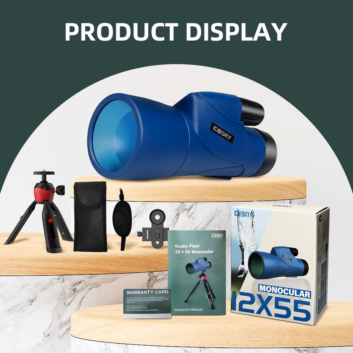 Gosky Monoculars Telescope, 12x55 HD Monocular for Adult with BAK4 Prism & FMC Lens, Lightweight Monocular with Smartphone Adapter Suitable for Bird Watching Hunting (Blue)