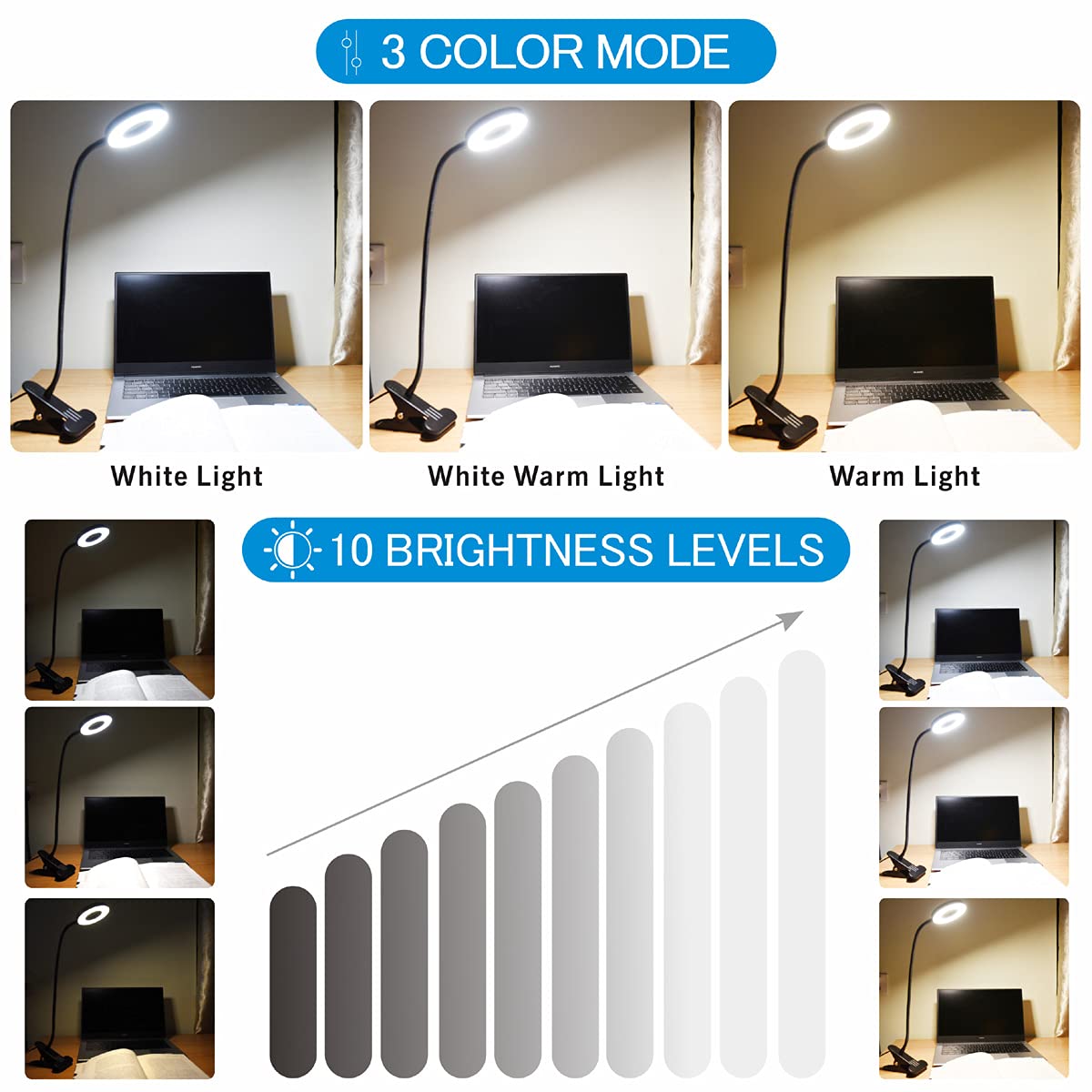 KNAMKY USB LED Desk Lamp Clip On Light, 3 Light Mode 10 Dimmable Brightness Eye Caring Book Adjustable for Reading Studying Working Video Conference Lighting (Black)