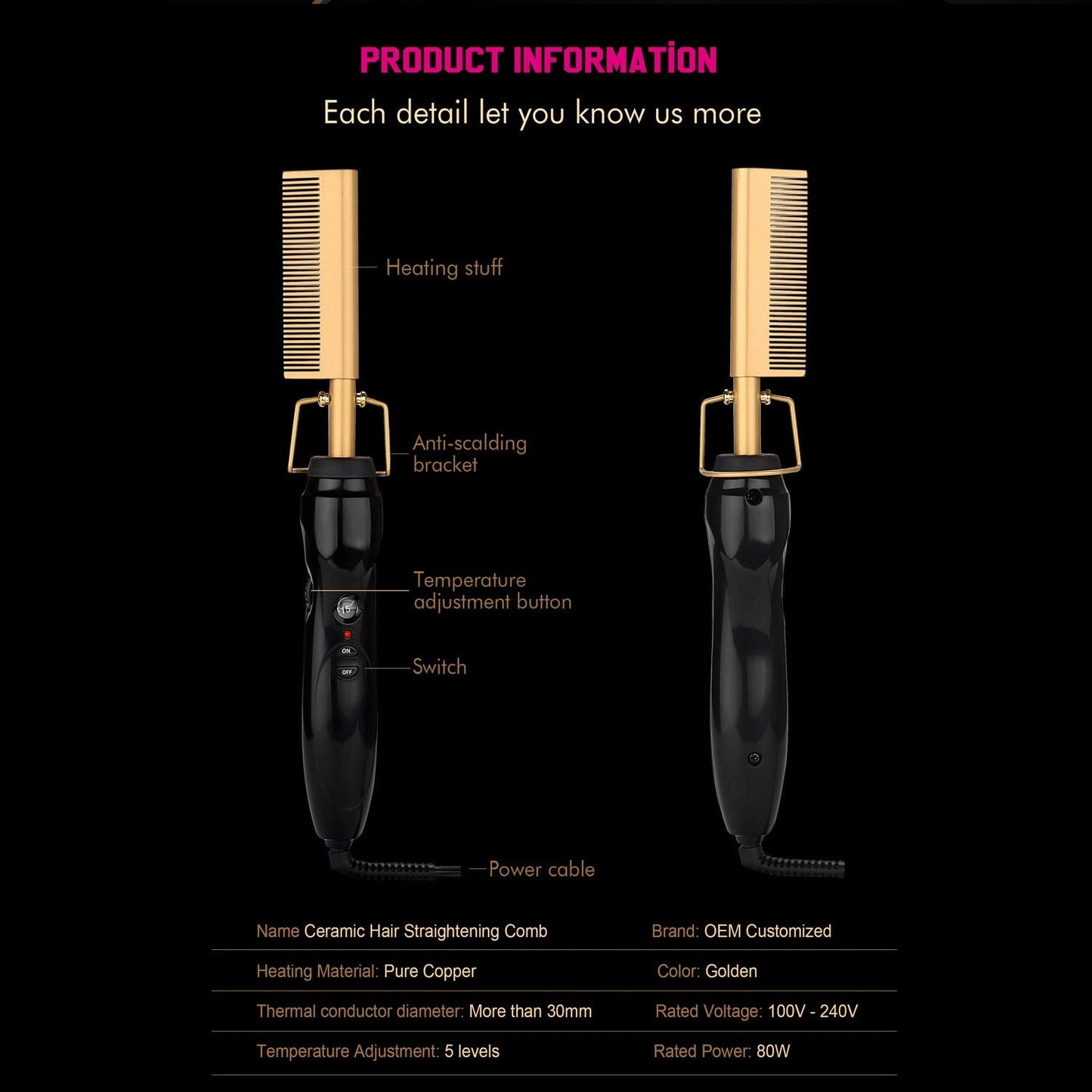 Electric Hot Comb Hair Straightener Heat Pressing Comb Curling Flat Iron Curler Hair Straightener Brush for Natural Black,Anti-Scald Beard Straightening Electric Press Comb