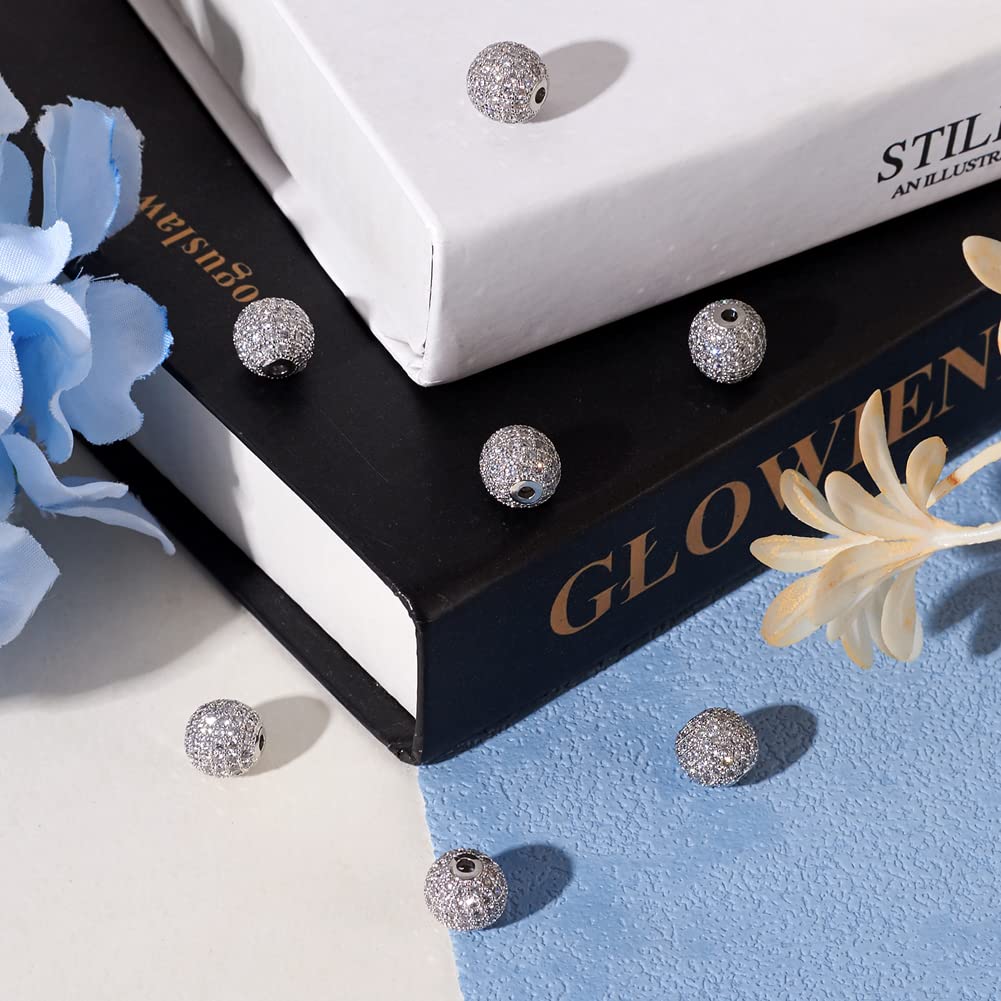 Cheriswelry 10pcs 10mm Grade AAA Platinum Micro Pave Cubic Zirconia Charm Beads Round Crystal Clear CZ Stone Disco Ball Beads Bracelet Connector Spacer for DIY Jewelry Making