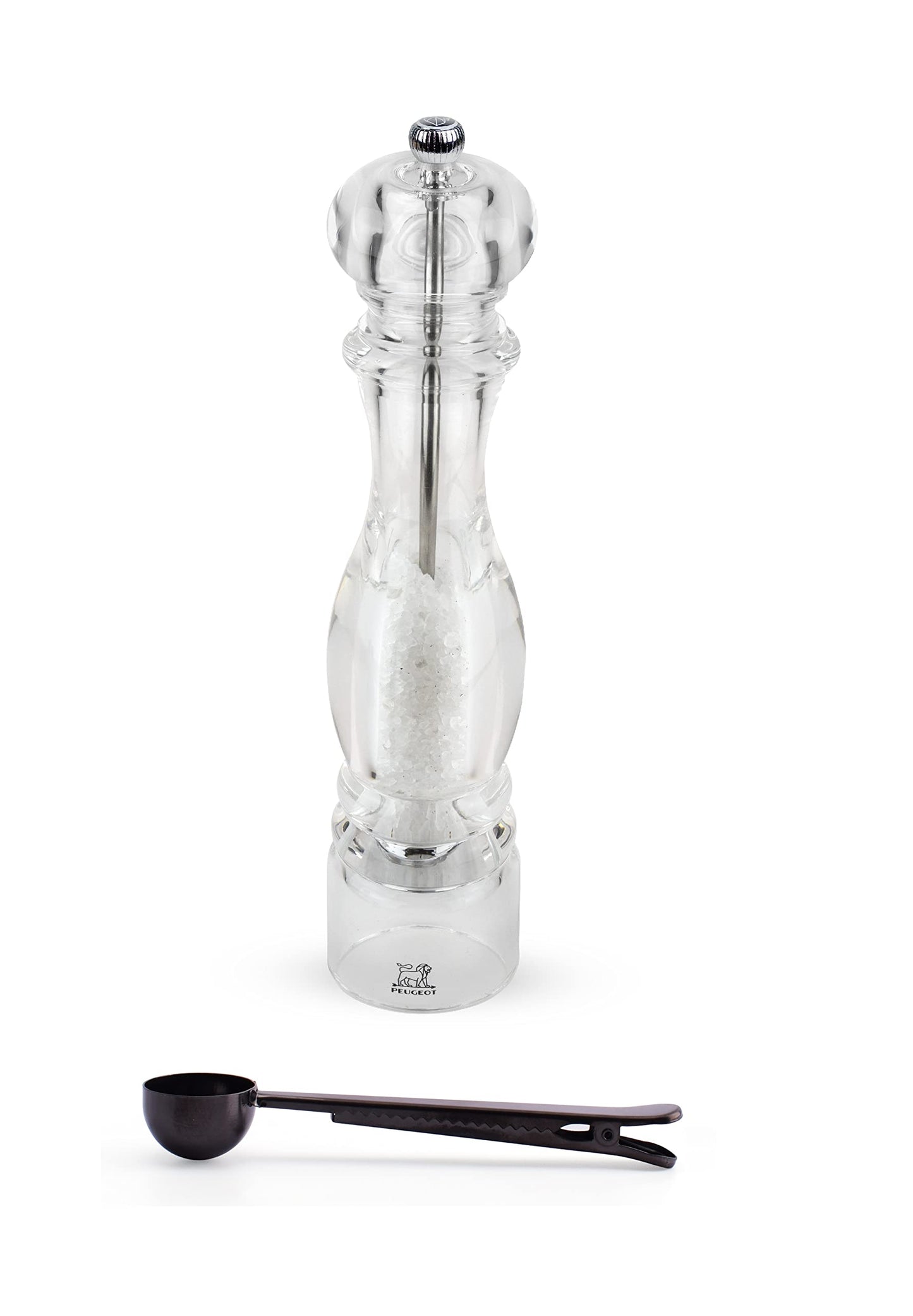Peugeot - Nancy Acrylic Manual Salt Mill - Transparent Adjustable Grinder Gift Set- With Stainless Steel Spice Scoop/Bag Clip, 12 Inch