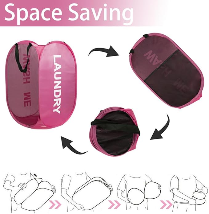 Pop Up Laundry Hamper Collapsible Laundry Basket Mesh Foldable Pink Dirty