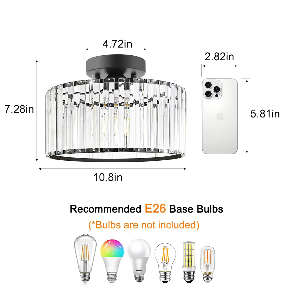 Crystal Ceiling Light Fixture, Modern Semi Flush Mount Ceiling Light, Black Close To Ceiling Light Fixtures, Crystal Chandelier Entryway Light, 11in Chandelier for Bedroom Porch Kitchen Living Room
