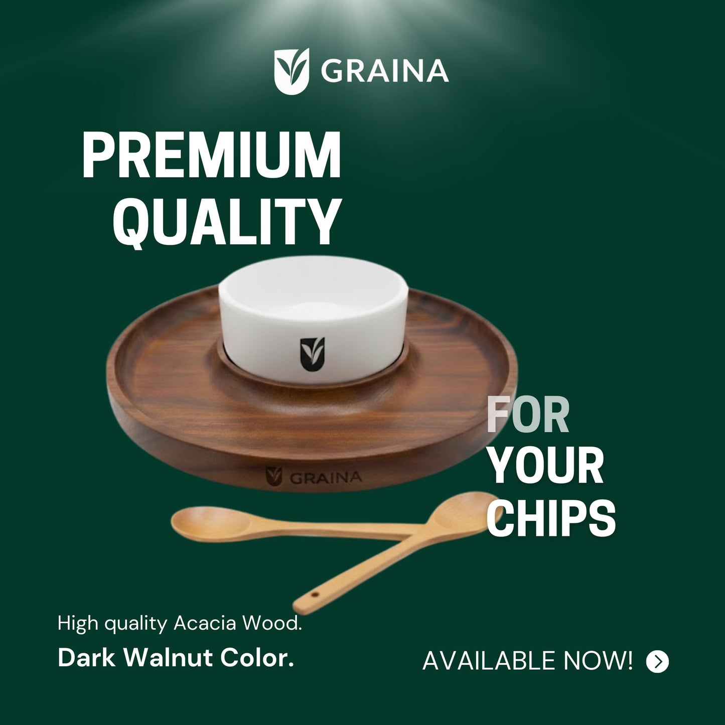 Graina Premium Wooden Chip and Dip Serving Tray Set β Dark Walnut Large Serving Tray with Ceramic Dip Bowl & 2 Wooden Spoons β Chip and Dip Bowl Set for Chips, Snack & Entertaining | Appetizer Platter