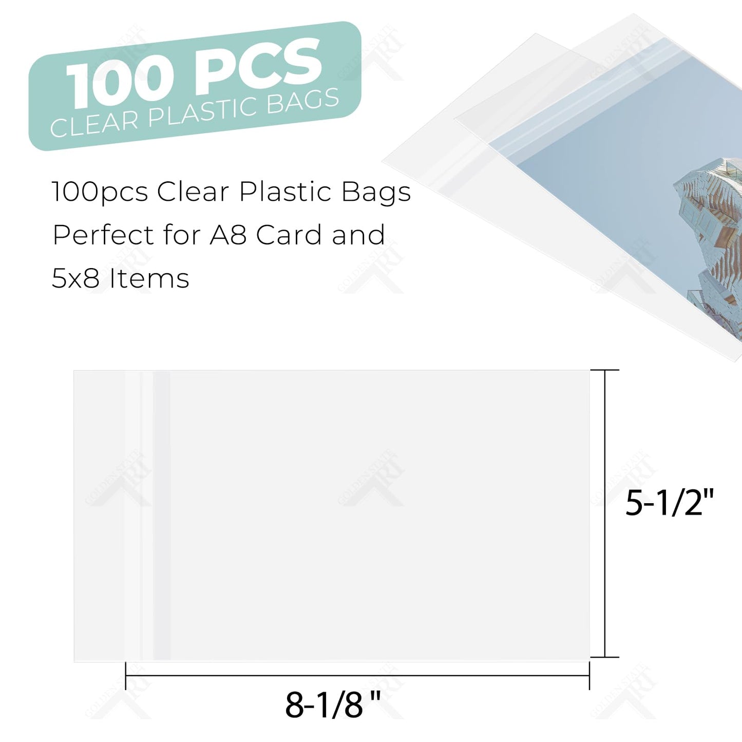 Golden State Art 100 Pack Acid-Free 5 1/2 x 8 1/8 inches Crystal Clear Sleeves Storage Bags for 5x8 Photos, A8 Cards
