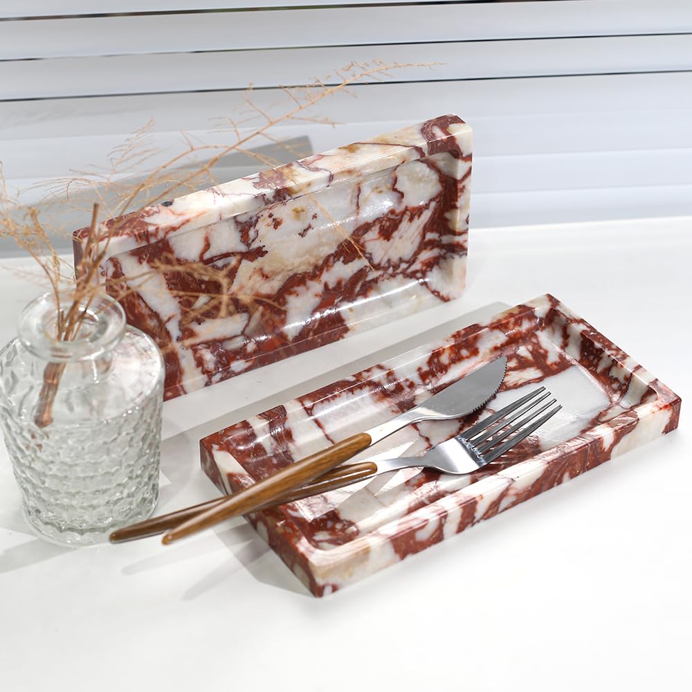 Small Marble Bathroom Tray, Real Marble Vanity Tray, Natural Stone Organizer for Countertop, Mini Marble Organizer for Jewelry Perfume Towel, Non-Resin Non-Ceramic (Calacatta Red 7.9" x 3.9" x 0.7")