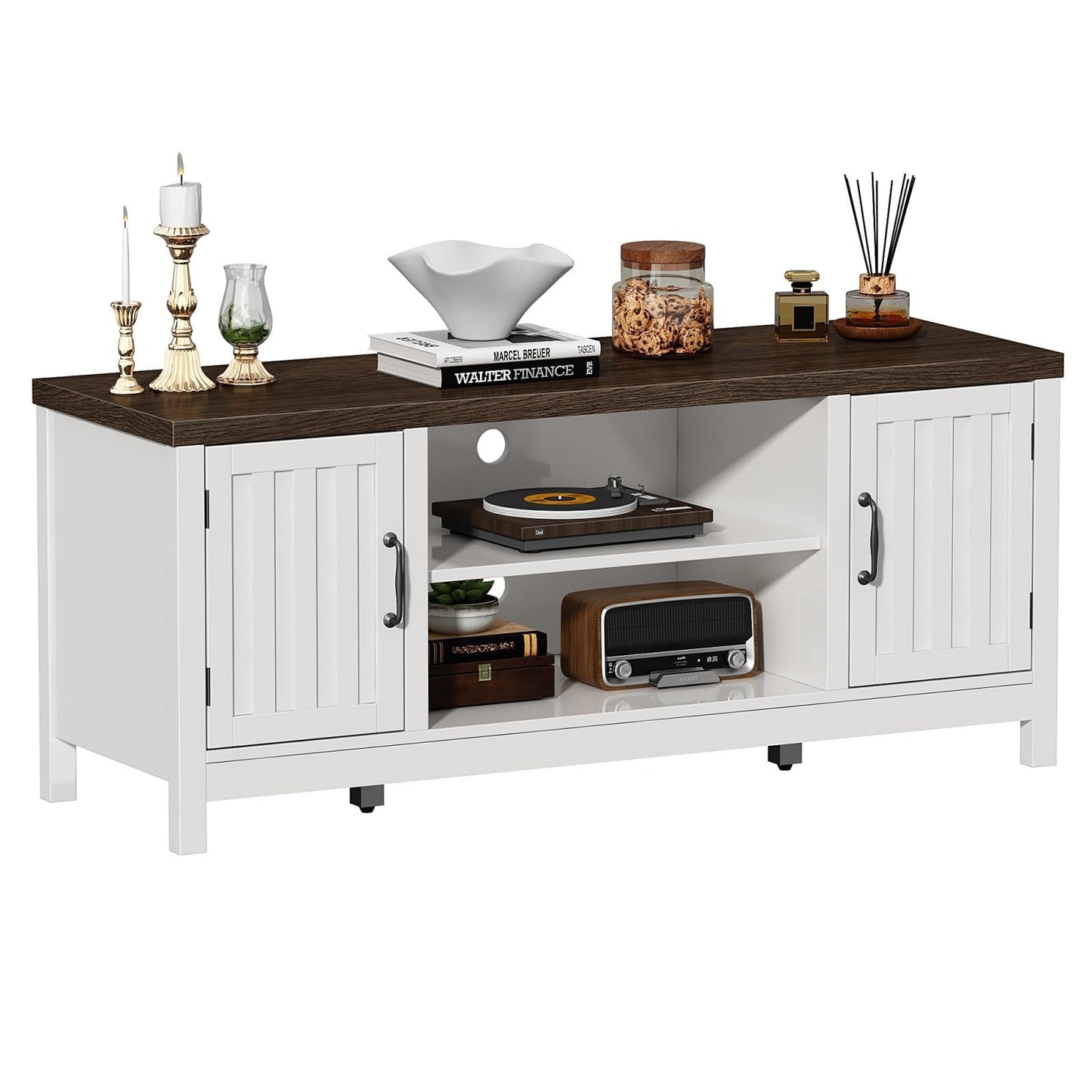 ChooChoo Farmhouse TV Stand, Wood Fluted Door Entertainment Center with Storage Cabinets and Open Shelves, Rustic Media Console up to 55 inches for Living Room, Bedroom, White