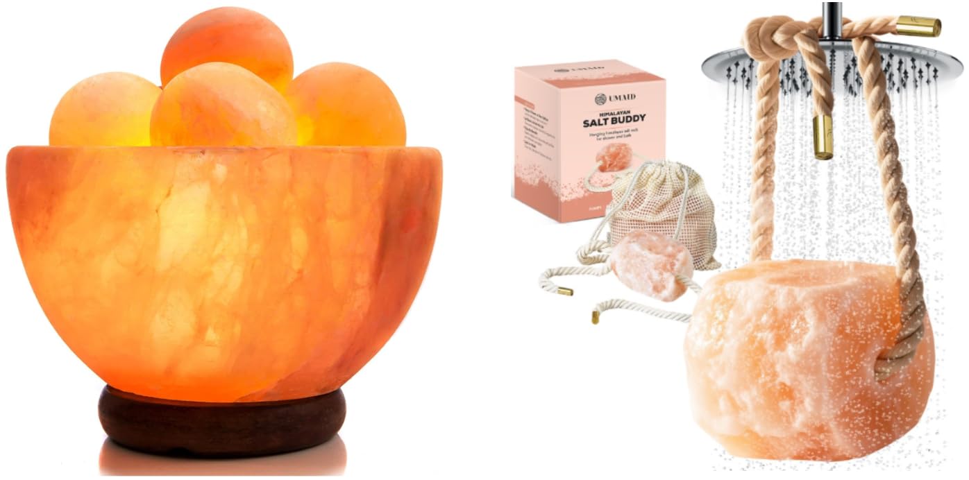 UMAID Himalayan Salt Lamp Bowl with 6 Massage Balls + Salt Buddy™ Hanging Himalayan Salt Rock for Shower & Bath – Relaxation, Wellness & Spa Gift Set for Home, Yoga, Meditation & Unique Holiday Gift
