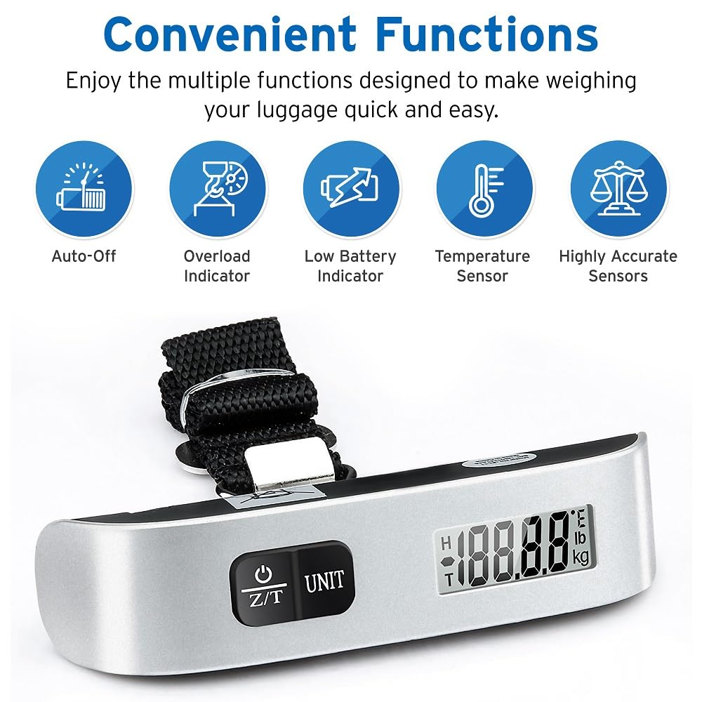 Etekcity EL11 Luggage Scale, Digital Portable Handheld Suitcase Weight for Travel with Rubber Paint, Temperature Sensor, 110 Pounds, Battery Included, Silver
